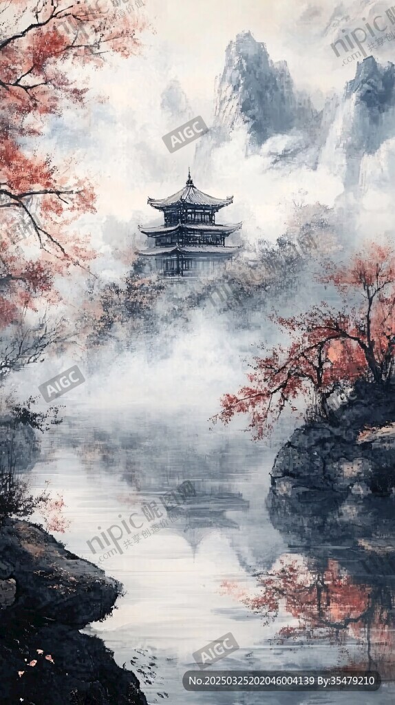 水墨山水间的古韵楼阁