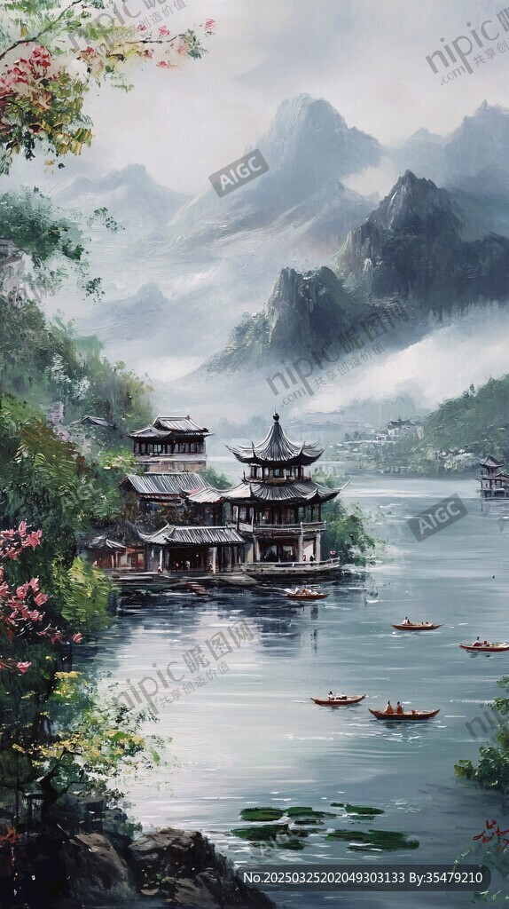 水墨江南山水间的古韵楼阁