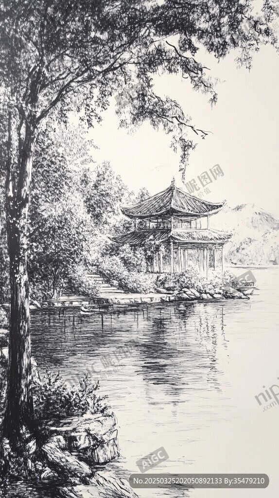 湖畔古亭黑白写意画