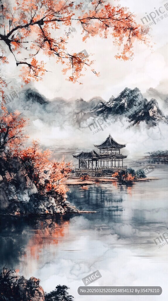 水墨秋景中的古典楼阁
