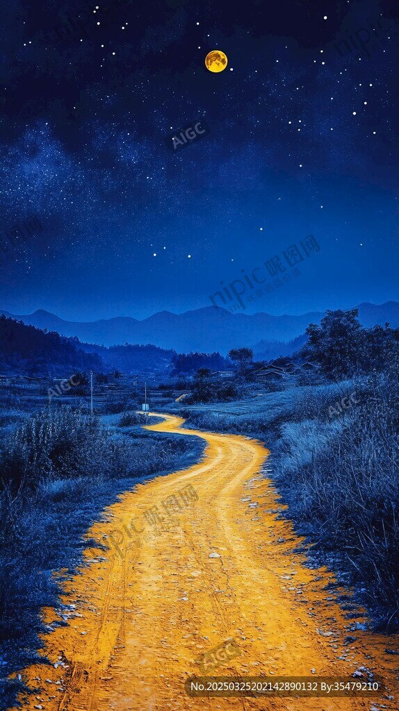 月夜乡间小路的静谧美景