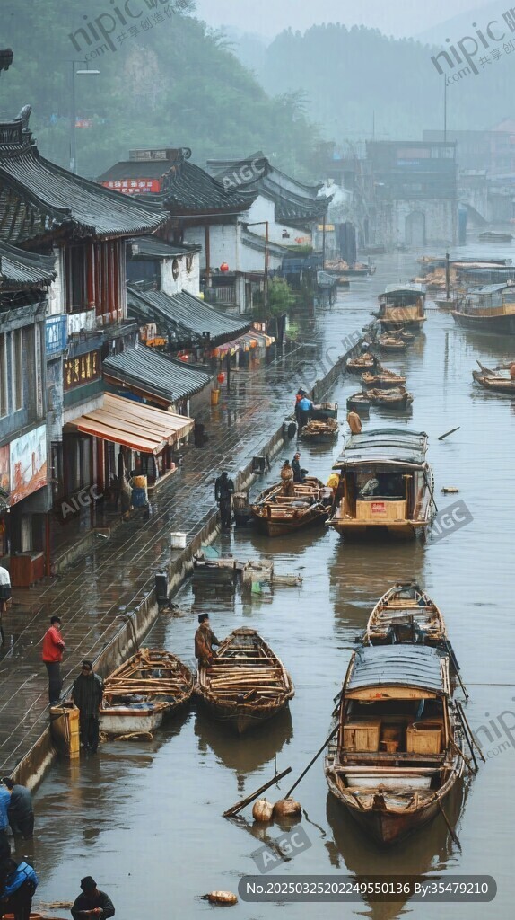 烟雨江南水乡的静谧景致