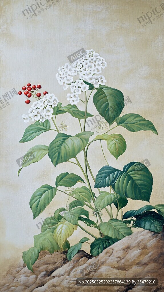 白花朵绿叶红果植物图