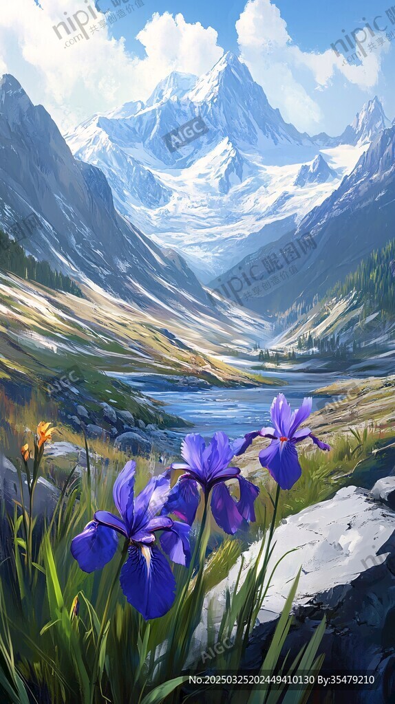 雪山下绽放的紫色鸢尾花