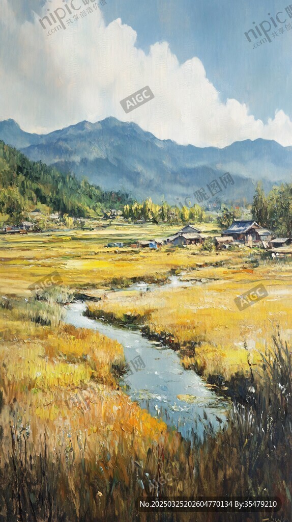 秋日乡村溪边美景油画