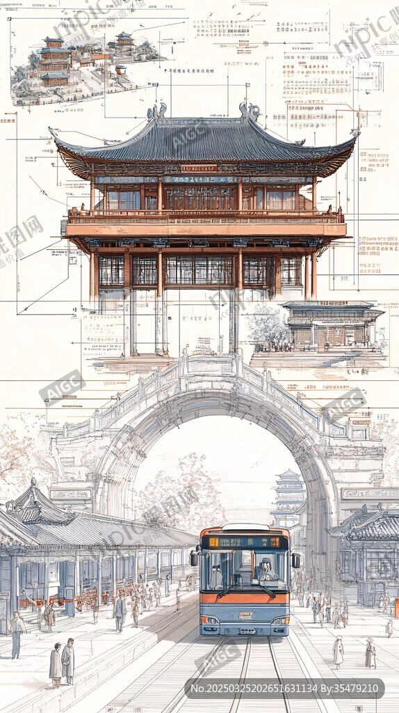 中式古建与现代公交交融图景