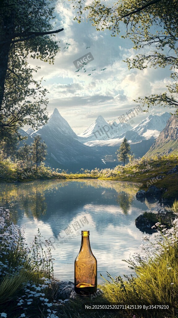 湖畔孤瓶伴山林美景