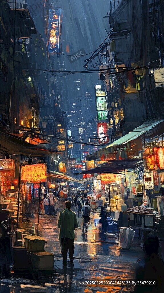 雨夜中的热闹市井小巷