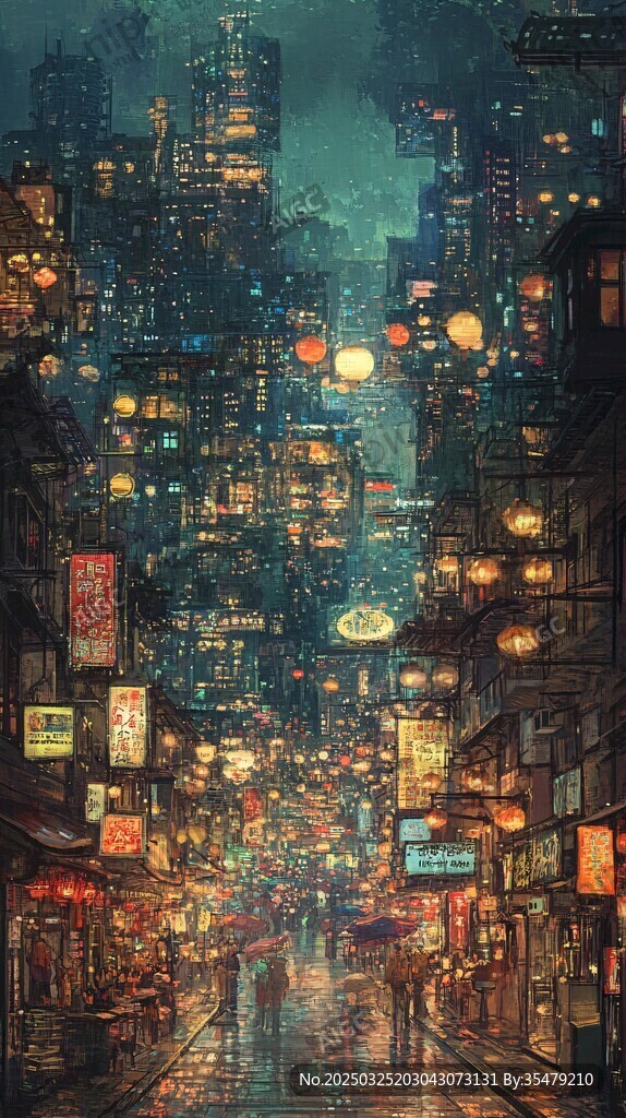 雨夜霓虹下的繁华都市街道