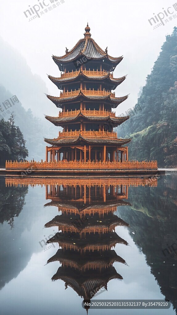 湖光山色中的中式古亭