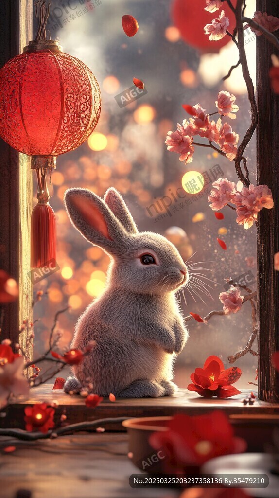 玉兔迎春至 花绽窗前景