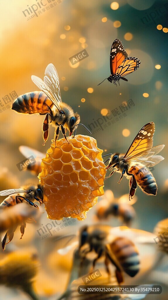 蜜蜂蝴蝶围绕蜂巢的场景