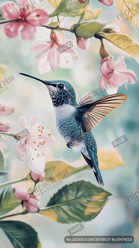 蜂鸟花间飞舞图