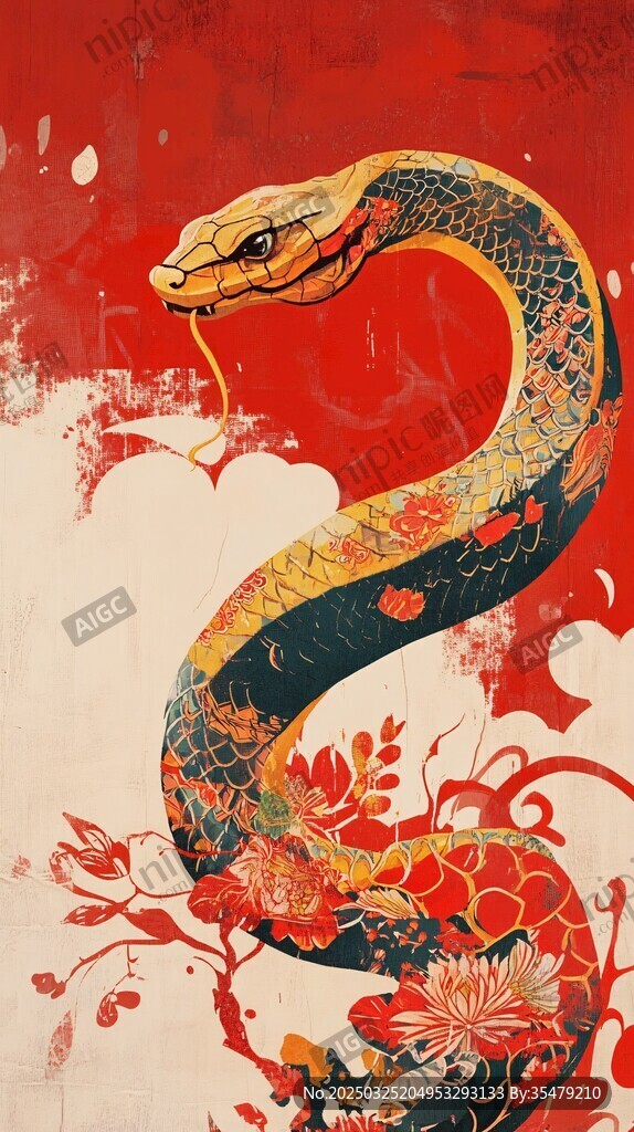 灵蛇戏花 中式祥瑞图景