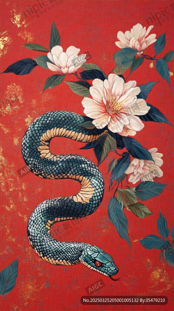 红底繁花间的灵蛇图案