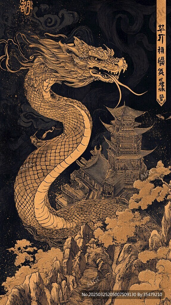 中式古风金龙绕塔图
