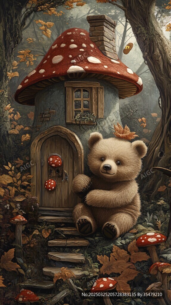小熊与蘑菇小屋的奇幻场景