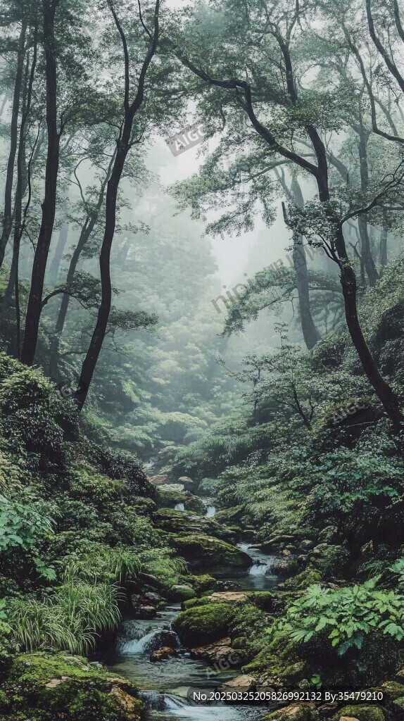 迷雾山林中的潺潺溪流