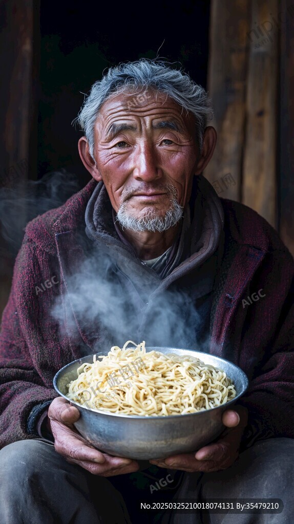 老人端着热气腾腾的面条