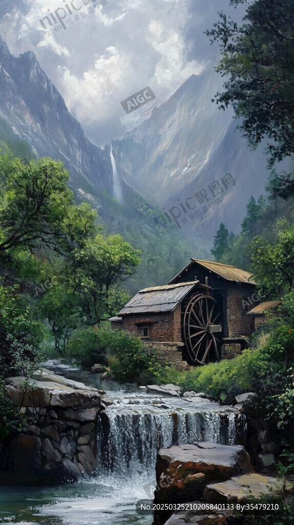山间水车小屋的静谧景致