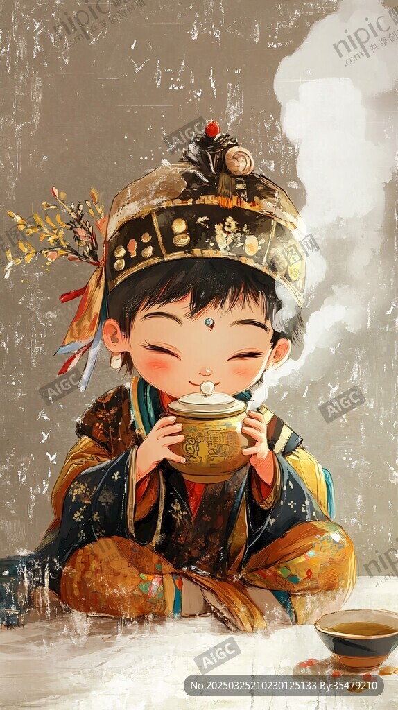 雪地中孩童惬意品茗