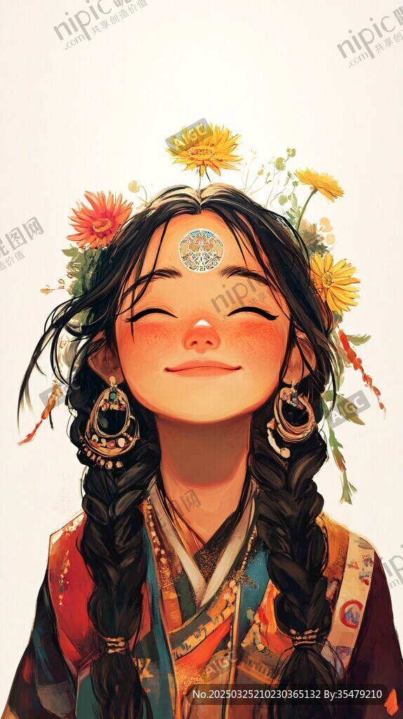头戴繁花的少数民族女子