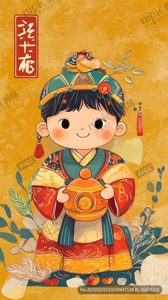 可爱古风孩童捧罐贺岁
