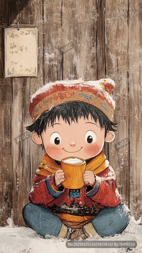 雪中小童暖饮乐悠悠