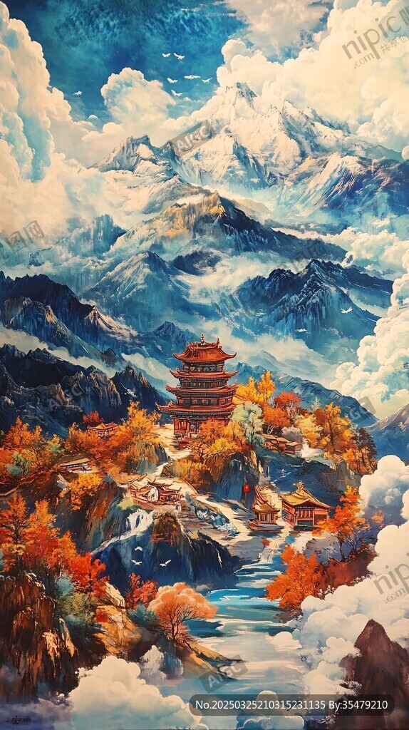 秋景中的山峦与古风楼阁