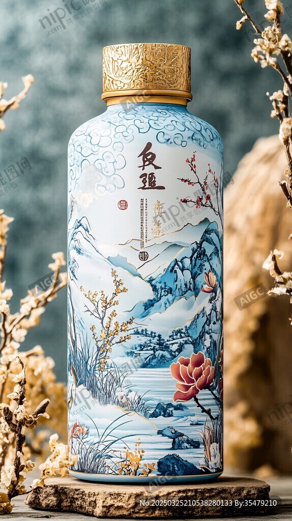 复古风山水图案陶瓷酒瓶