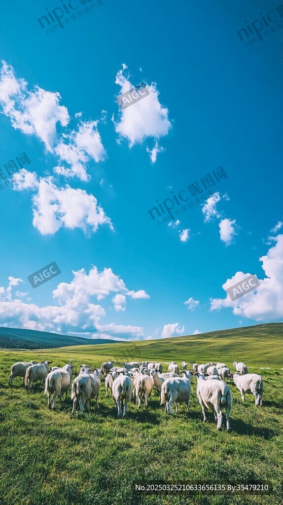 草原羊群与蓝天白云美景