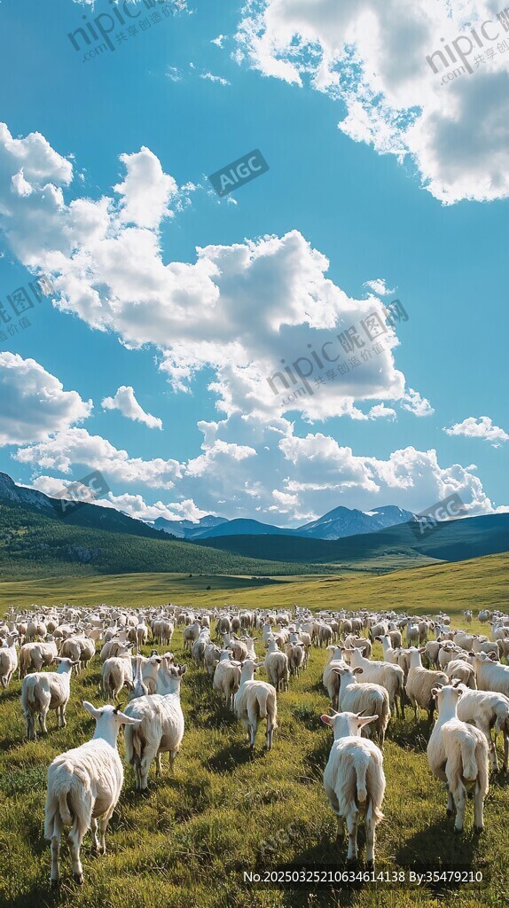 草原羊群与蓝天白云美景