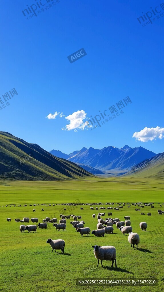 草原羊群与远山蓝天美景