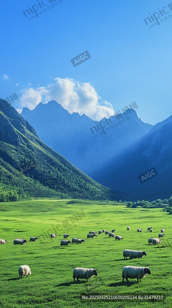草原牧歌 羊群与远山美景