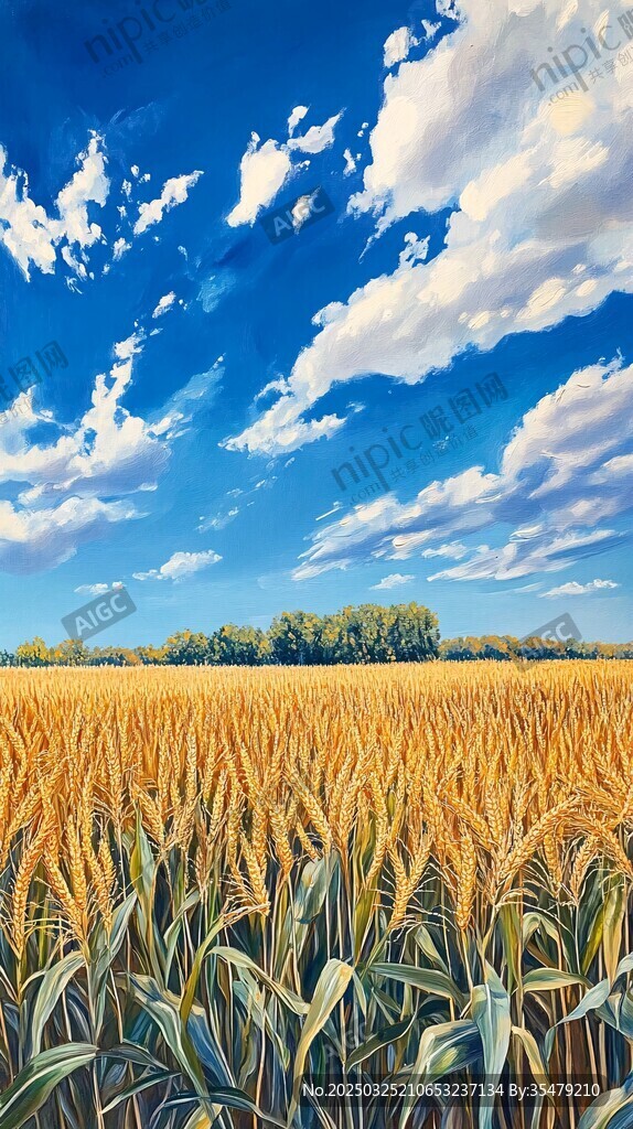 金色麦田与蓝天白云美景