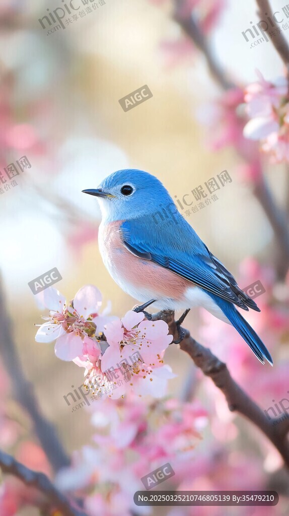 蓝鸟栖于繁花枝头