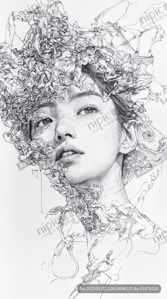 梦幻花卉缠绕的女性素描