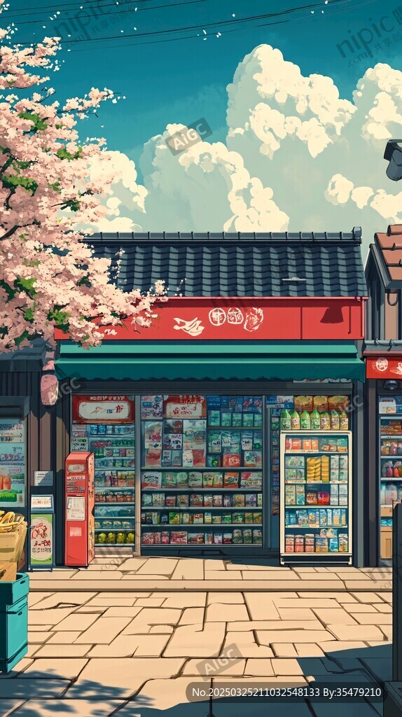 日式街头便利店樱花美景