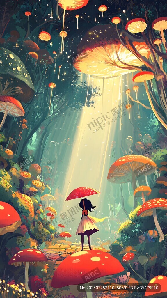 梦幻森林撑伞女孩的奇遇