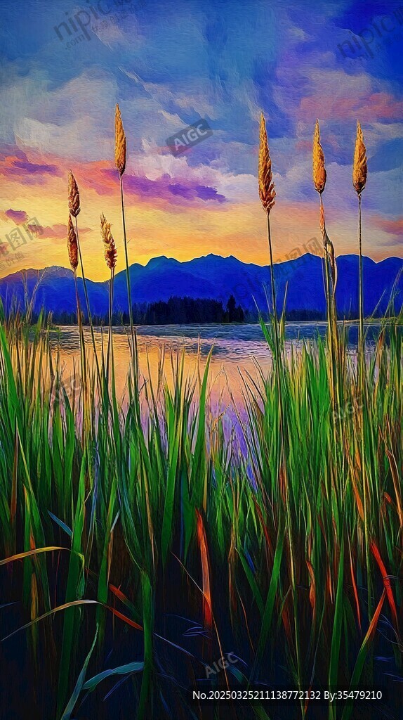 湖畔暮色中的芦苇美景