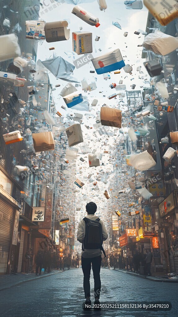 城市中杂物纷飞的奇幻瞬间