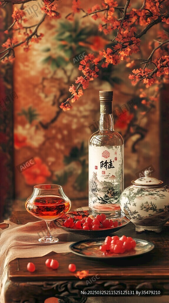 中式典雅美酒与红梅之景