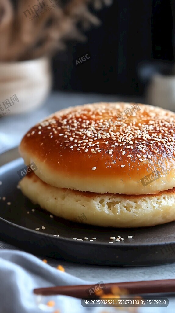 芝麻烧饼摆放在黑色盘子上