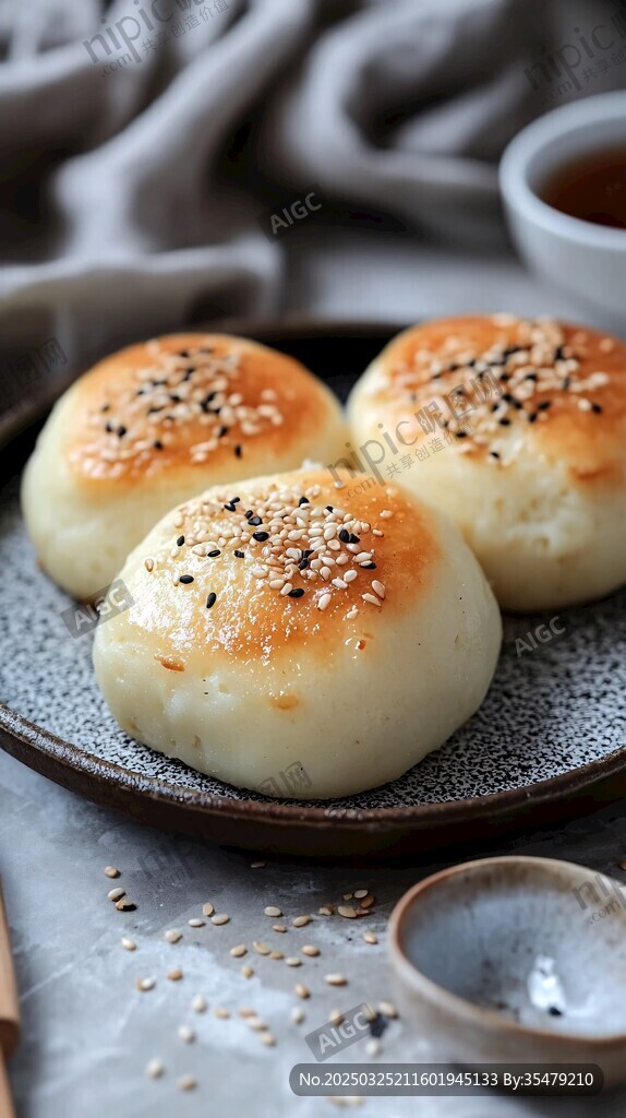 美味芝麻馅煎包摆拍图