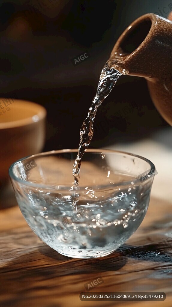 陶壶倒水入玻璃碗画面