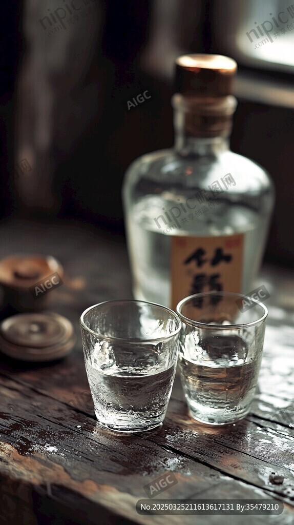 古朴桌上的白酒与酒杯