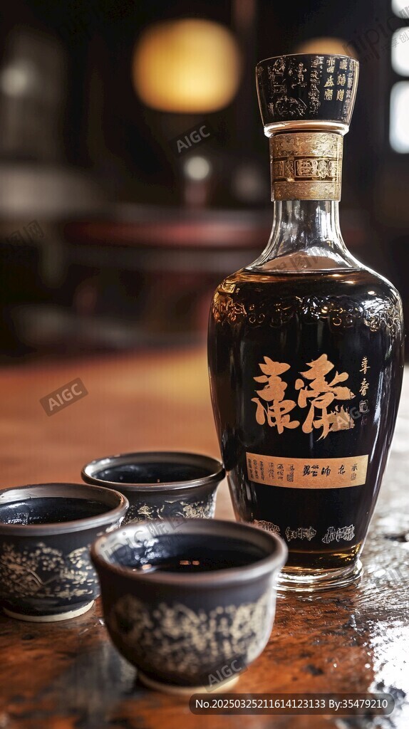 中式复古酒瓶与精致小酒杯
