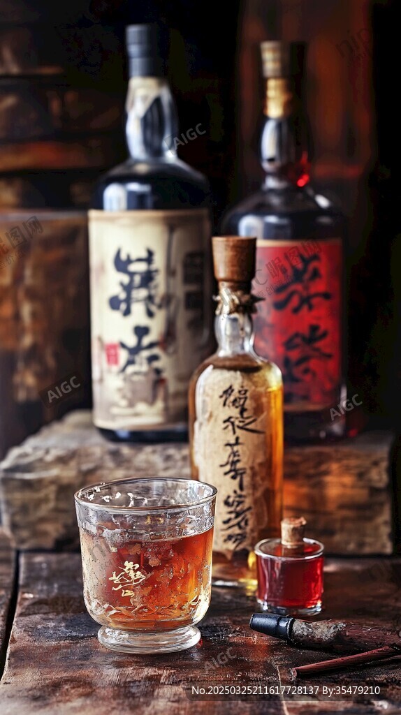 日式威士忌与精致酒具展示