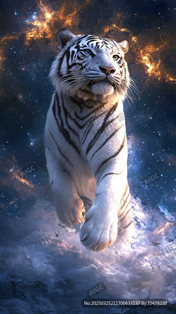 梦幻白虎于星云间奔腾