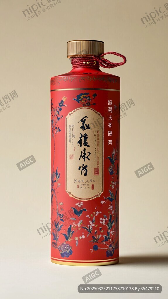 红色典雅瓶身的瓜棱取竹酒